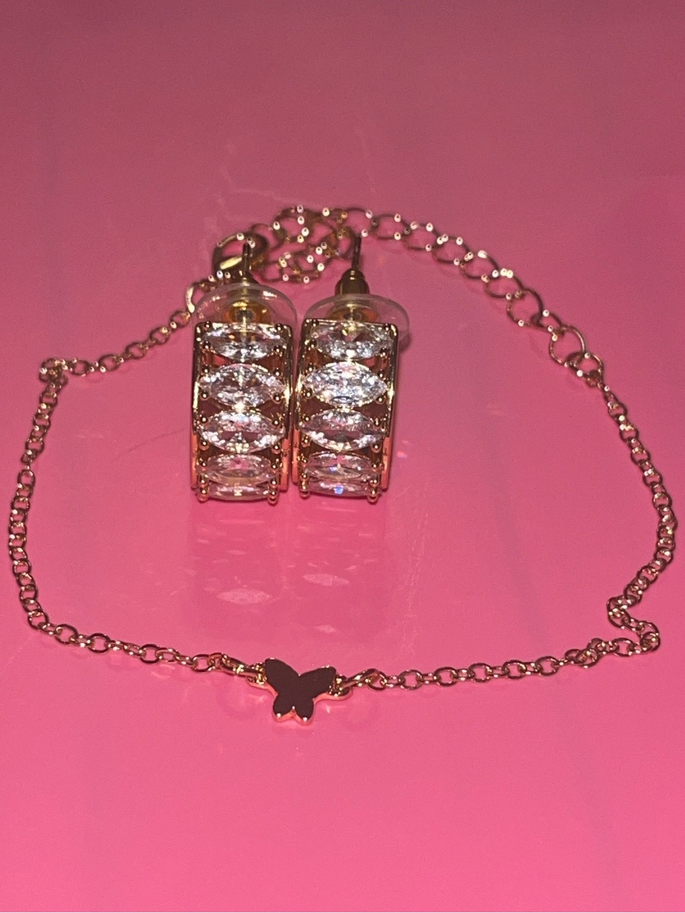 Gold Butterfly Chain Annlet With Crystal Hoop Earrings